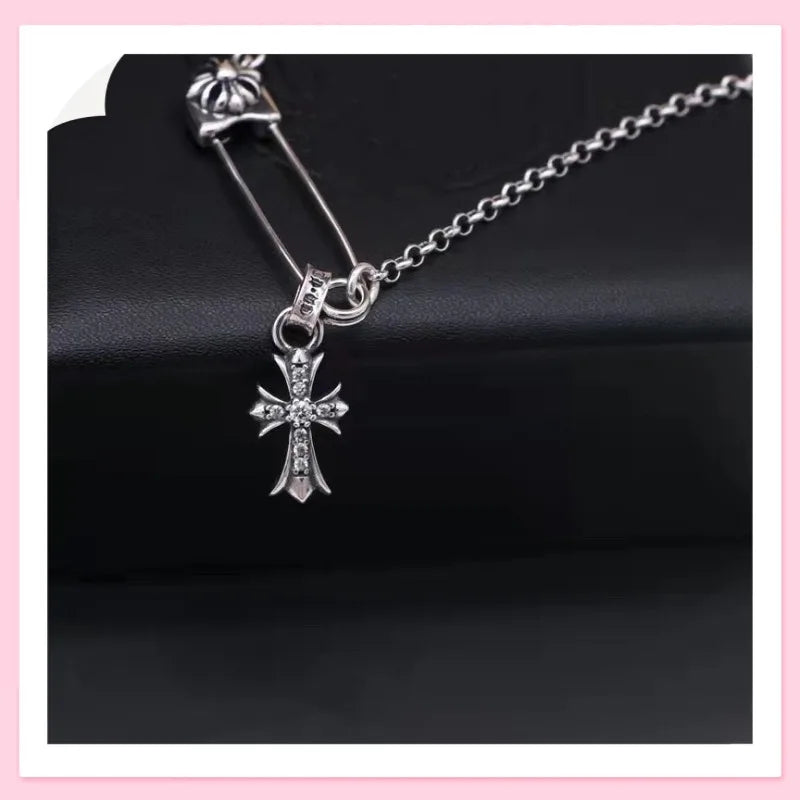 Thai Silver Diamond Mini Small Cross Pendant Pin Necklace Men's and Women's Vintage Punk Collarbone Chain