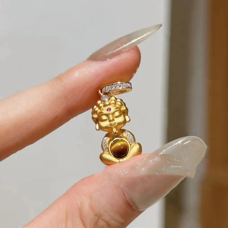 High quality Tiger Eye Stone Pendant Ancient Gold Crafts cute Buddha Necklaces Stereoscopic Chinese Style Retro Jewelry