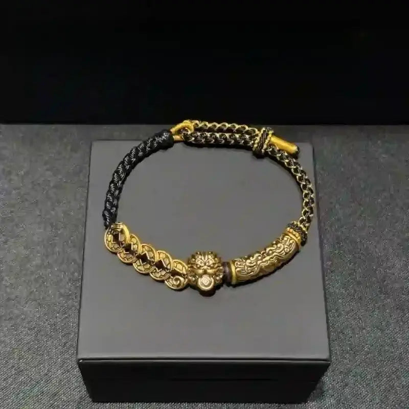 Vintage Chinese Style Five Emperor Coins Pixiu Taotie Cord Bracelet Men's Wealth Blessing Trendy Versatile Fine Unique Top Gift