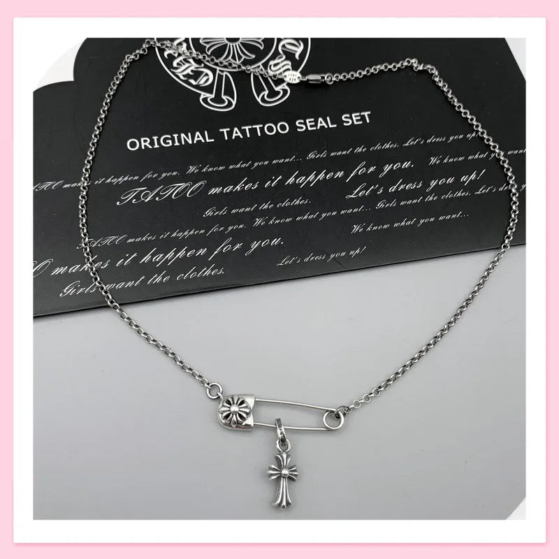 Thai Silver Diamond Mini Small Cross Pendant Pin Necklace Men's and Women's Vintage Punk Collarbone Chain
