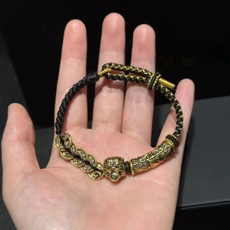 Vintage Chinese Style Five Emperor Coins Pixiu Taotie Cord Bracelet Men's Wealth Blessing Trendy Versatile Fine Unique Top Gift